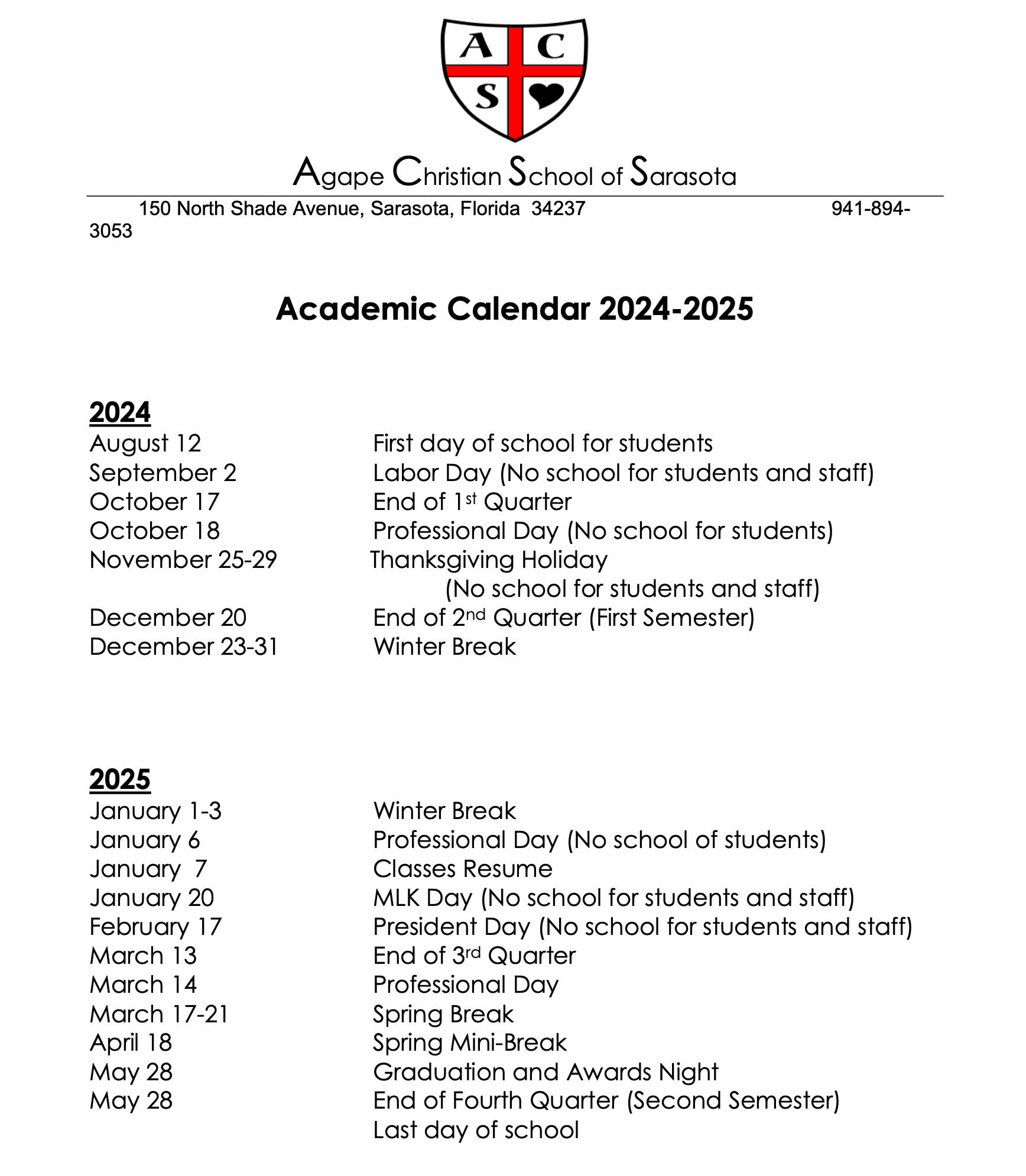 academic calendar 2023 Agape Christian School