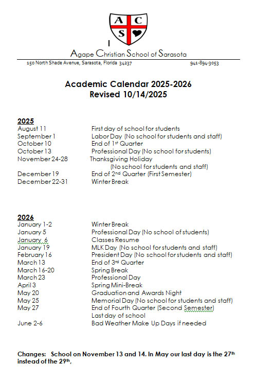 academic calendar 2025-2026 Agape Christian School