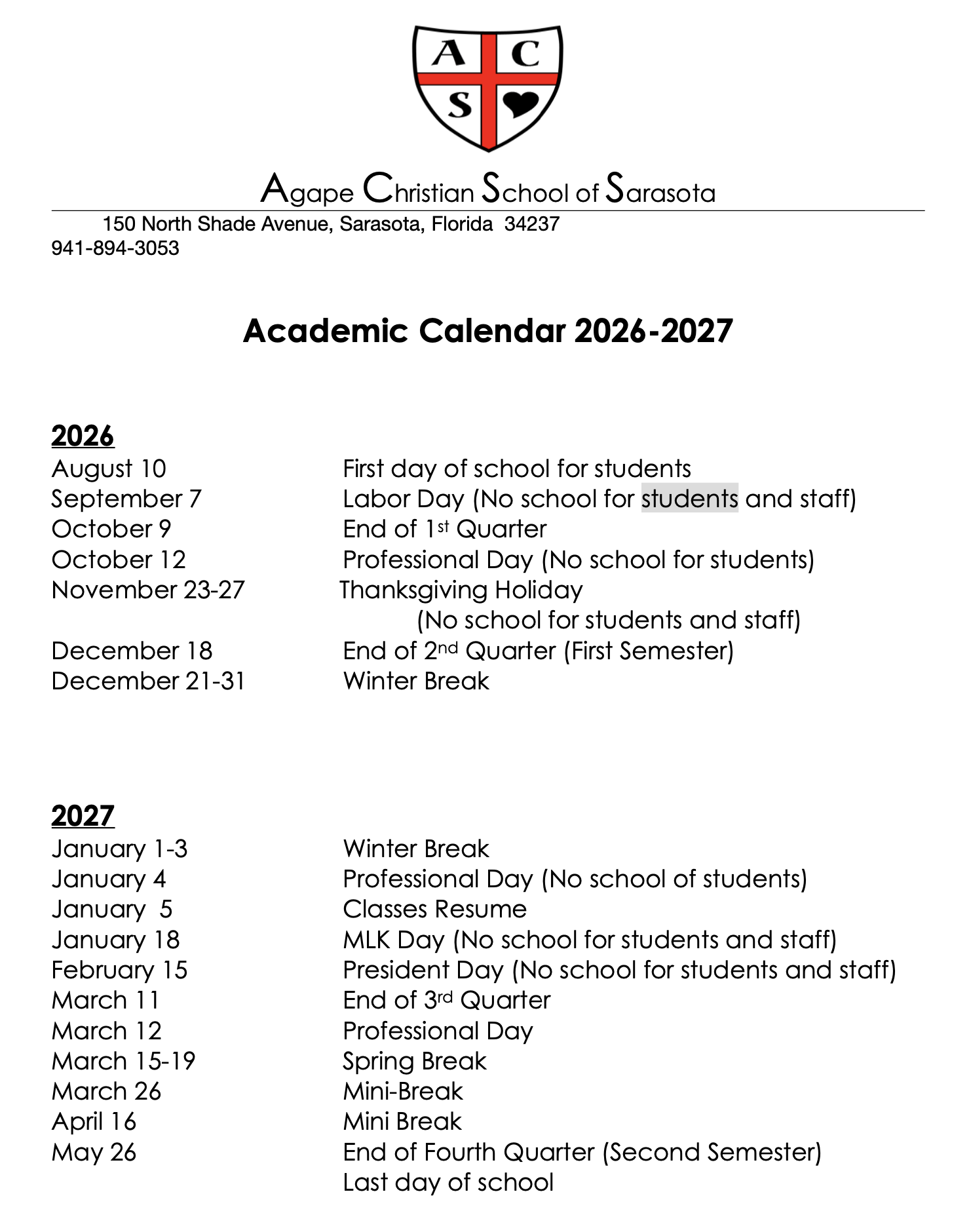 academic calendar 2026-2027 Agape Christian School